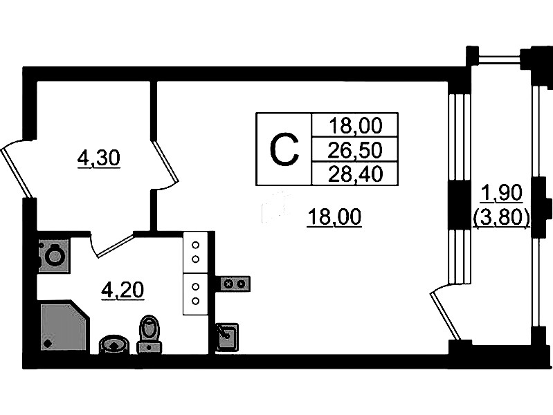 Квартира студия 28.4 м², 3/13 эт., ЖК «Тайм Сквер»